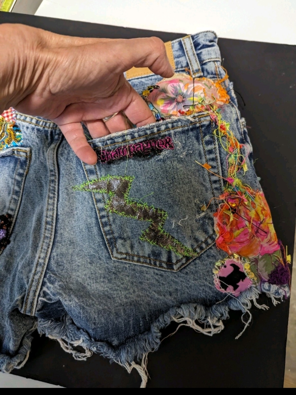 Distressed Embroidered Denim Shorts High Waisted New Patchwork Hippie - Picture 10 of 10